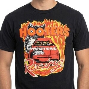 Hooters Racing Flame Graphic T Shirt Sz M Black Distressed NASCAR Y2K Streetwear